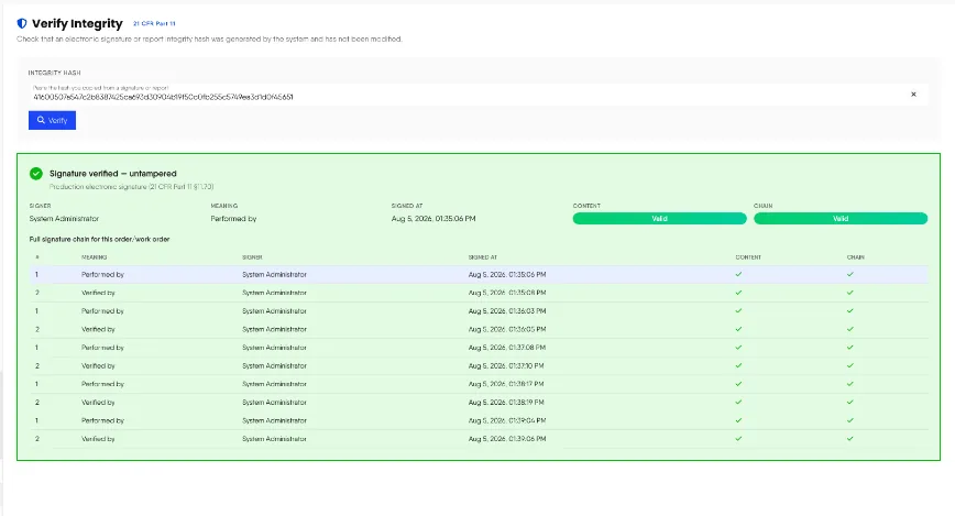 Layar Verify Integrity dengan hash yang ditempel, melaporkan 'Signature verified — untampered' dan menampilkan seluruh rantai tanda tangan sebagai valid